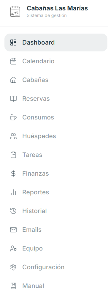 Menú lateral de Mi Complejo con todas las secciones del sistema
